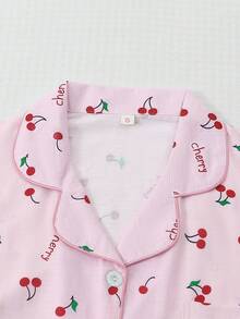 2pcs Women Pajama Set, Cherry Fruit Print Shirt With Collar & Button, And Bow Shorts, Sleepwear & Loungewear - Pink - View 3