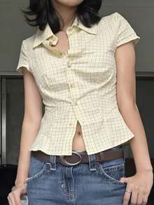 Women's Y2k Plaid Button Down Shirts Short Sleeve Lapel Collar V Neck Slim Fit Blouse Preppy Style Clothes Summer Basic Casual Wear Teen Girls Going Out T-Shirts Back To School Outfits - Màu vàng - Xem 3