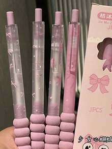 4支可爱蝴蝶结按动笔，高品质速干中性笔，0.5mm黑色墨水，适用于笔记本、考试、办公用品和学生礼物，返校季好礼 - 蝴蝶結綿筆 - 查看 2
