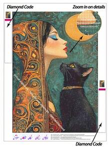|5D DIY Diamond Painting|Elegant Woman & Black Cat Under Full Moon DIY Diamond Art Kit,Ornate Golden-Patterned Attire.Handmade Decorative Painting, 5D DIY Embroidery Mosaic Art, Make Your Own Wall Art DIY, Enjoy Hands-On Fun - No Frame - View 1