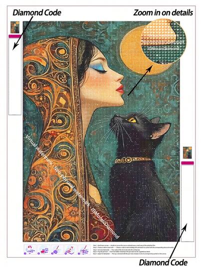|5D DIY Diamond Painting|Elegant Woman & Black Cat Under Full Moon DIY Diamond Art Kit, Ornate Golden-Patterned Attire, Sleek Black Cat With Golden Collar, And Teal Moonlit Backdrop. Handmade Decorative Painting, 5D DIY Embroidery Mosaic Art, Make Your Own Wall Art DIY, Enjoy Hands-On Fun, The Best Gift For Friends