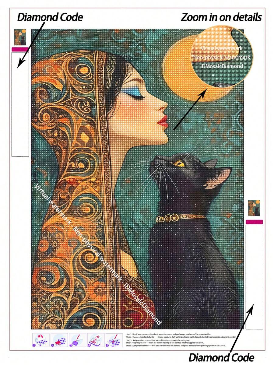 |5D DIY Diamond Painting|Elegant Woman & Black Cat Under Full Moon DIY Diamond Art Kit,Ornate Golden-Patterned Attire.Handmade Decorative Painting, 5D DIY Embroidery Mosaic Art, Make Your Own Wall Art DIY, Enjoy Hands-On Fun - No Frame - View 1