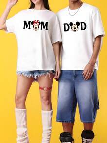 [Sold Separately For Men And Women] Disney Mother's Day And Father's Day Minnie Mouse & Mickey Mouse Dad Print Crew Neck Short-Sleeved T-Shirt | Sweet And Loose Fit | Versatile Casual Top Suitable For Couples' Dates, Family Outings, And Daily Commutes. - 女士T卹 - 查看 1