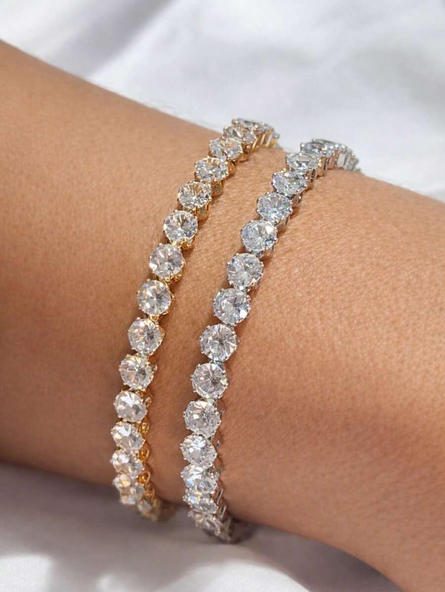 Elegant Luxury Minimalist Adjustable Bracelet With Cubic Zirconia Stones, Sparkly, For Women, Parties, And Gifts. - 黃金和白銀 - 查看 1