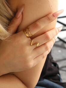 2pcs Stainless Steel 18K Gold Plated Minimalist Elegant Geometric Line Adjustable Open Ring Set, Suitable For Women's Daily And Holiday Wear, Perfect Gift - Multicolor - View 6