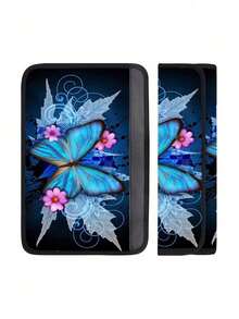 1pc Pink Flower & Blue Butterfly Soft & Comfortable Car Seat Belt Shoulder Pad Cover, Universal - Butterfly - View 1