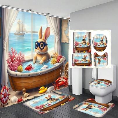 Bộ rèm tắm/rèm phòng tắm họa tiết thỏ Phục Sinh (1 cái/3 cái/4 cái) kèm 12 móc treo miễn phí, tạo không khí lễ hội trang nhã, bao gồm thảm tắm, thảm chữ U và thảm tròn cho bồn cầu, phù hợp với mọi phong cách trang trí phòng tắm.