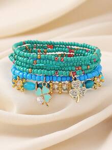 6件套波西米亚简约优雅奢华手工串珠水晶四叶草吊坠弹力叠戴手链套装，适合女性参加派对、送礼、度假，是完美的礼物之选，四季皆宜，日常休闲佩戴。 - 四葉草/三葉草 - 查看 10