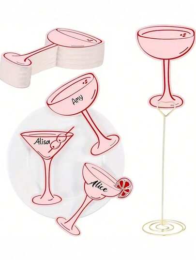 10pcs Pink Wine Glass Place Cards, Pink Cocktail Shaped Place Card Set, For Table Setting, Wedding Seating Chart, Buffet Food Labels, Cocktail Party Decor, Suitable For Wedding, Party, Birthday, Champagne Event