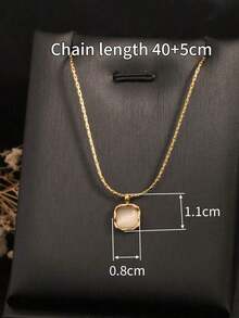 1pc 18K Gold Plated Stainless Steel Square Cat Eye Stone & Zirconia Pendant Necklace, Wavy Edge Asymmetric Design, Suitable For Women's Daily Wear - 金子 - 查看 5