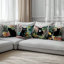 4件套油画风格黑猫金鱼植物图案抱枕套，单面印花，柔软桃皮绒面料，45*45厘米，适用于家居卧室客厅派对装饰，沙发装饰抱枕套，礼品装，不含枕芯 - 彩色 - 查看 10