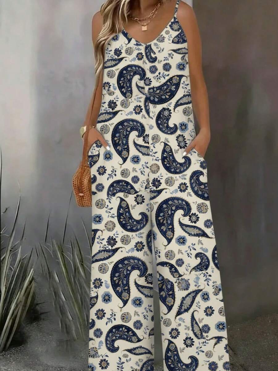 Christmas Snowman Print Wide Leg Jumpsuit With Pockets - Relaxed Fit, Stretch Polyester Blend, Available In Sizes S-XXL, All Seasons (No Underwear) - 多色1 - 查看 1