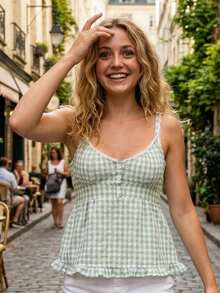 Womenacute;s Summer Casual Camisole Solid/Plaid Sleeveless Deep V Neck Ruffle Hem Sling Vest - Cuadros verdes - Ver 5