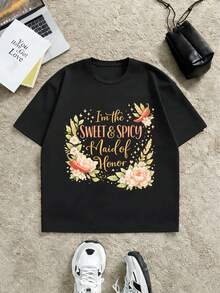 Maglietta damigella d'onore dolce e piccante, primavera, 100% cotone, vestibilità comoda, casual, traspirante - nero - Visualizzare 2