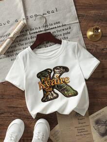 1pc Infant/Toddler Boys' Creative Cartoon Graphic Letter Slogan Print Basic Round Neck Short Sleeve T-Shirt, Casual & Fashionable - White - View 2