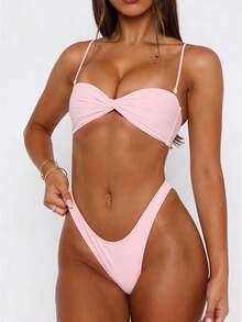 Women's Strapless Bikini Sets Tube Top Bandeau Swimsuit Mid Rise Two Piece Bathing Suits - Pink - View 1