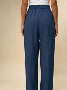 Wide-Leg Trousers With Elastic At The Back / Linen Fabric / Front Pockets / Classic SH504 Home - 寶藍色 - 查看 2