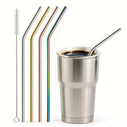 5 قطع من القش المعدني القابل لإعادة الاستخدام من الفولاذ المقاوم للصدأ مع فرشاة تنظيف، قش معدني للعصائر والمشروبات الثقيلة والشاي والقهوة والكوكتيلات، هدية جميلة لعيد الحب وعيد الأم والأعراس وأعياد الميلاد