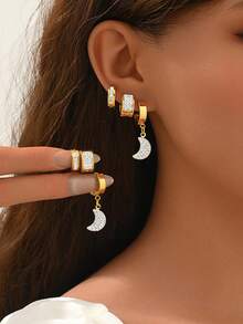 Set de 6 pendientes de aro con colgante de luna con microincrustraciones de rhinestone de acero inoxidable con estilo retro, uso versátil diario para mujeres - multicolor - Ver 1