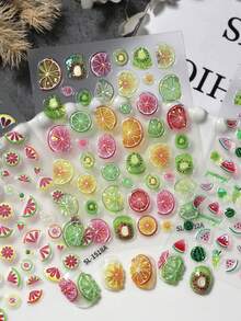 2片装3D立体浮雕夏季柑橘和猕猴桃美甲贴纸，5D逼真水果自粘美甲贴花，DIY魅力美甲用品 - 彩色 - 查看 8