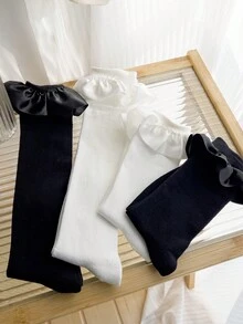 1 Pair Women's Knee-High Socks, Black & White Lace Trim Slimming Leg Socks For Spring/Summer, Versatile Wear With Skirts - Multicolor - View 3