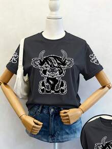 Camiseta de manga corta con cuello redondo y estampado de vaquita y corazón pintado a mano para niñas, nueva ropa cómoda de primavera/verano para niñas preadolescentes - Gris Oscuro - Ver 1