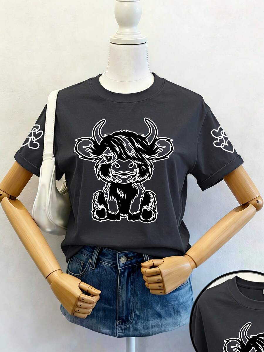 Camiseta de manga corta con cuello redondo y estampado de vaquita y corazón pintado a mano para niñas, nueva ropa cómoda de primavera/verano para niñas preadolescentes - Gris Oscuro - Ver 1