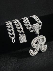 嘻哈风镶钻链，配定制草书字母吊坠，镀金项链，个性化首字母首饰 - 嘻哈字母項鍊 - 查看 24