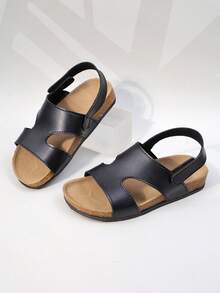 1 Pair Kids' Minimalist Faux Leather Soft Wood Sole Non-Slip Open Toe Hook And Loop Flat Sandals, Versatile Beach Holiday - Black - View 7