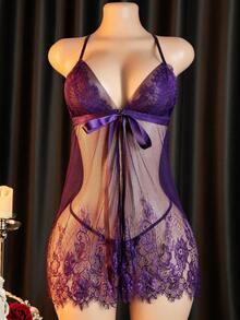 Set Pakaian Dalam Seksi: Gaun Mini Berpotongan dengan Tali Bahu Tipis + G-String, Pakaian Tidur Wanita dan Set Pakaian Dalam Seksi - Purple - View 8
