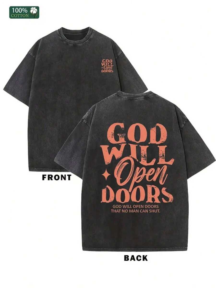 EWH 1pc, Vintage-Inspired "GOD WILL OPEN" Graphic Cotton T-Shirt For Men - 230g/㎡ Double-Sided Washed, Retro Streetwear Style, Round Neck, Perfect Summer Gift Or Casual Attire 004-AB - 黑色 - 查看 1