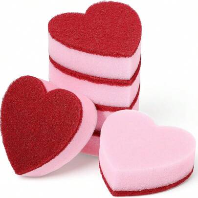 6块双面心形清洁海绵，不刮伤厨房碗碟锅具，浴室多功能清洁刷，情人节和母亲节好礼
