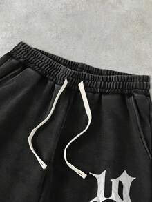 Calça de moletom masculina com estampa de letras e cintura ajustável com cordão, ideal para uso casual diário ou esportes. - Preto - Ver 3