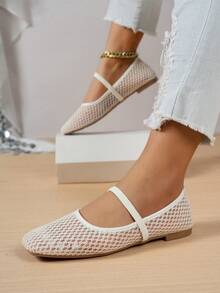 夏季蕾丝网眼镂空平底鞋，女士透气弹力带芭蕾舞鞋，休闲舒适一脚蹬乐福鞋，适合日常通勤，百搭 - 米白色 - 查看 4