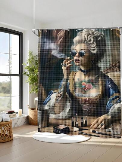 1/4钻石画豪华女士图案印花防水浴帘套装，加厚涤纶防霉，包含12个挂钩、防滑垫、U型垫、圆形马桶盖套