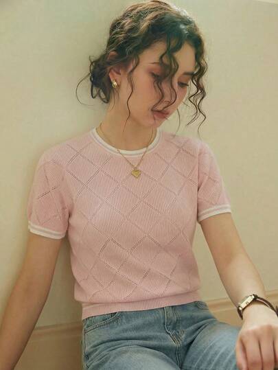 Women's Elegant Casual Mesh Striped Knit Short Sleeve Sweater Top, Suitable For Spring/Summer