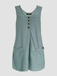 ChicMe 女士U领无袖镂空提花纹理连体裤，休闲半扣前袋连身裤，适合日常街头穿着，优雅夏季风格 - 薄荷綠 - 查看 4