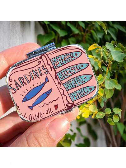 1pc Vintage Whimsical Small Fish Tin Square Pill Box With 2 Compartments, Compact Storage Box Suitable For Home, Travel, And Unique Pocket/Wallet Gift