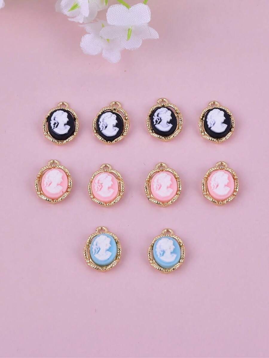 10 piezas Colgante ovalado DIY de figura de metal y resina - retrato - Ver 1
