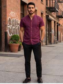 Men's Premium Short-Sleeve Shirt, Lightweight Fabric, Easy To Iron,  For Summer And Beach, Linen Look - - 勃根地紫 - 查看 3