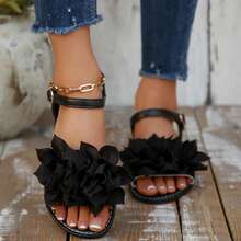 Giày sandal đế bằng quai ngang họa tiết hoa 3D kiểu dáng mùa hè dành cho nữ sinh, sandal quai ngang hở ngón có khóa cài màu trắng, kiểu dáng thường ngày. - màu đen - Xem 14