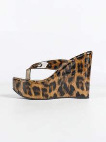 Women's Thick Sole Strap Wedge Sandals, Plus Size Open Toe Beach Slippers - Dark Leopard Print - View 7