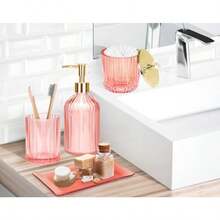 Juego de accesorios de baño 4 piezas de accesorios de baño de vidrio completo con dispensador de jabón de loción soporte para cepillo para polvo de dientes tarro de boticario bandeja de cambiador - Rosa - Ver 6