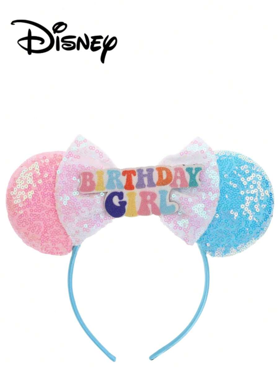 1pc Disney Mickey & Minnie Blue + Pink + Light Pink Glitter Letter, Pink Bow Headband, Party Costume Headpiece, Suitable For Birthday Gift, Holiday Party, Amusement Park Photo Prop - Blue + Pink + Light Pink Letters - View 1