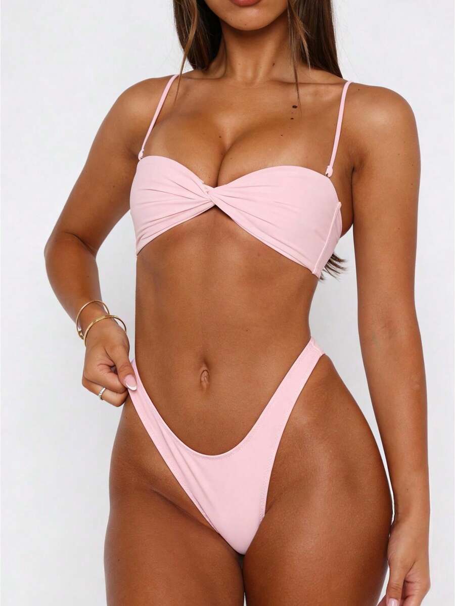 Women's Strapless Bikini Sets Tube Top Bandeau Swimsuit Mid Rise Two Piece Bathing Suits - 粉色 - 查看 1
