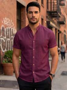 Men's Premium Short-Sleeve Shirt, Lightweight Fabric, Easy To Iron,  For Summer And Beach, Linen Look - - 勃根地紫 - 查看 1