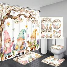 1pc/3pcs/4pcs Easter Gnome & Egg Multifunctional Bathroom Decor Shower Curtain Set, Free 12 Hooks Included, Elegant Holiday Atmosphere, Bathroom Mat, U-Shaped Rug And Round Toilet Mat, Suitable For All Scenarios - E - View 1