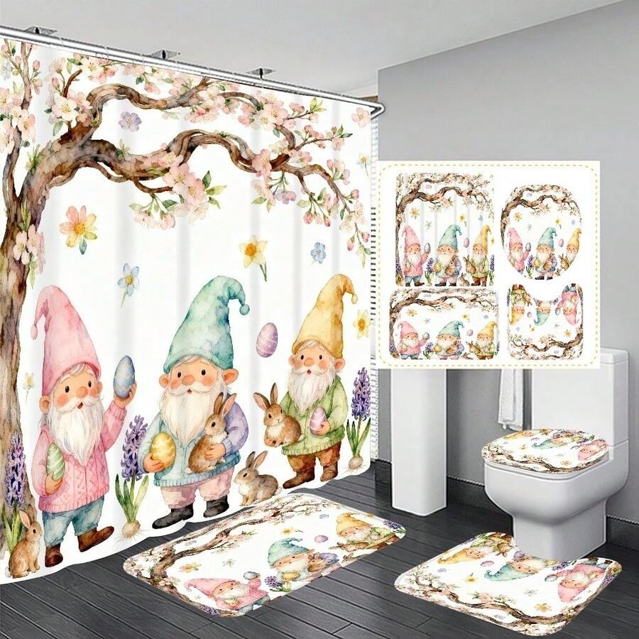 1pc/3pcs/4pcs Easter Gnome & Egg Multifunctional Bathroom Decor Shower Curtain Set, Free 12 Hooks Included, Elegant Holiday Atmosphere, Bathroom Mat, U-Shaped Rug And Round Toilet Mat, Suitable For All Scenarios - E - View 1