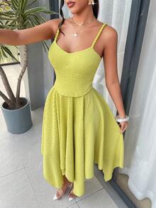 AIJ Women's Green Elegant Cami Strap Ruched Waist Asymmetrical Hem Midi Dress For Summer Beach Vacation & Party - Green - View 5