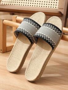 Nouvelles sandales d'été en lin naturel imprimées de lettres pour femmes, mules respirantes polyvalentes en kaki avec croisillons - Noir et Blanc - Voir 4